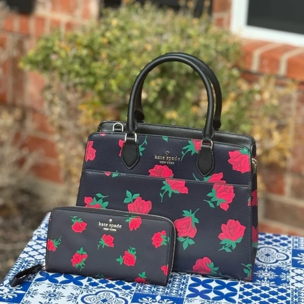 Kate Spade Madison Medium Rose Toss Print Leather Satchel with matching wallet